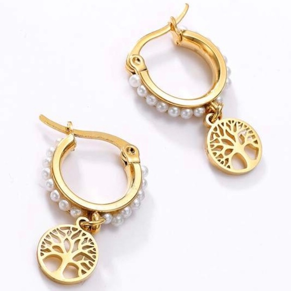 “Tree of Life” Wisdom Knowledge Forest Greenery Cut-out Outline Pearl Seed Hoops - Picture 3 of 3